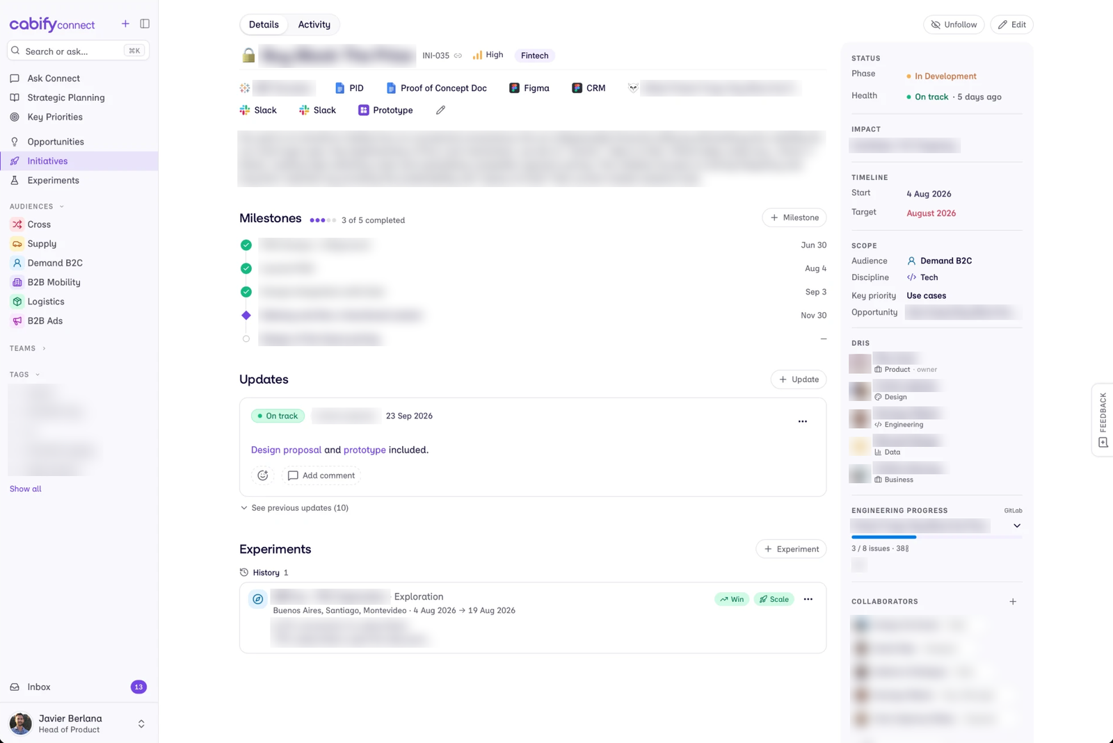 An initiative page in Connect: linked resources under the title, milestones, the latest status update and experiments, with phase, health, timeline, scope and DRIs by discipline in the sidebar. Names and business details are blurred.