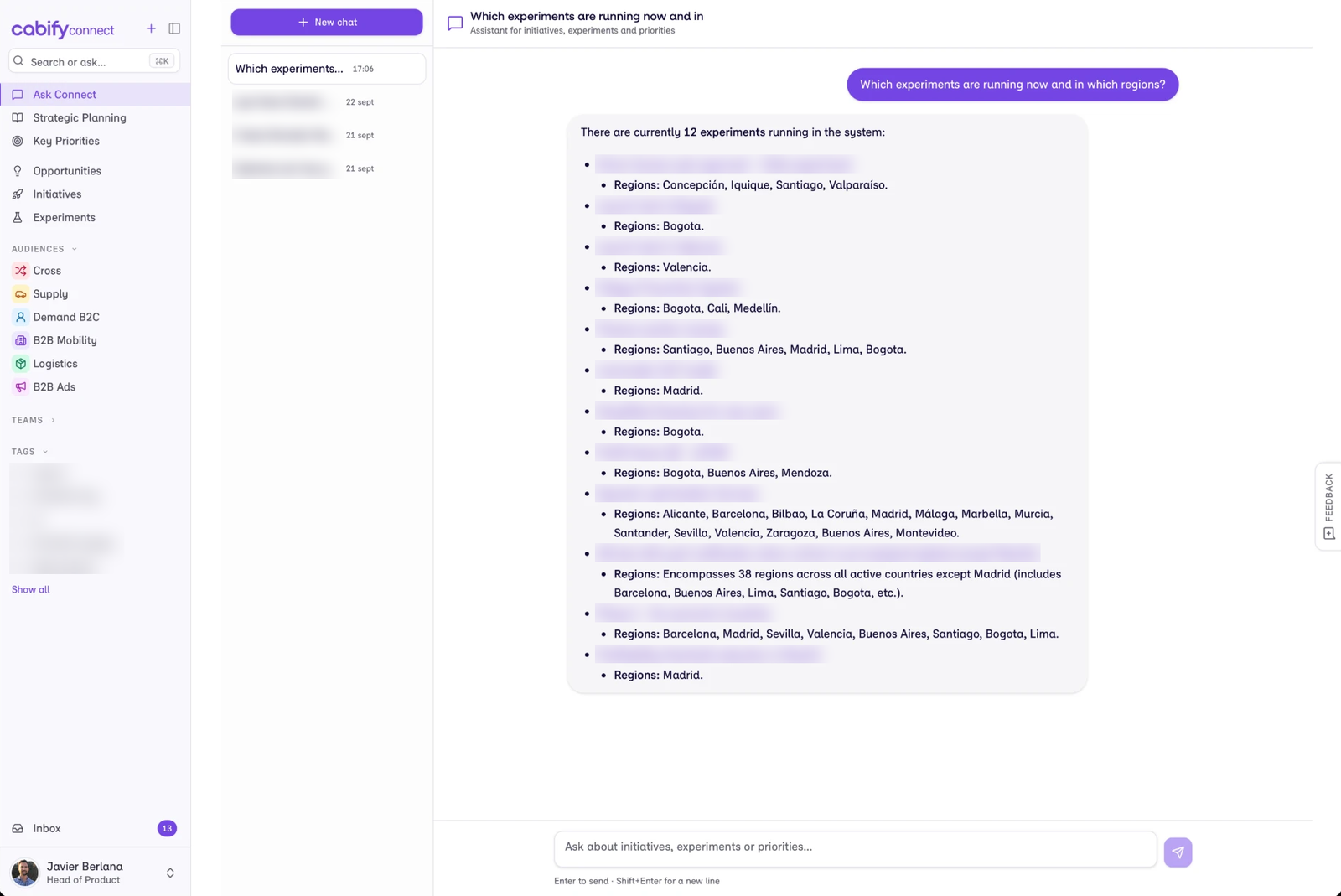Ask Connect answering "Which experiments are running now and in which regions?" with a list of 12 running experiments and their regions. Experiment names are blurred.