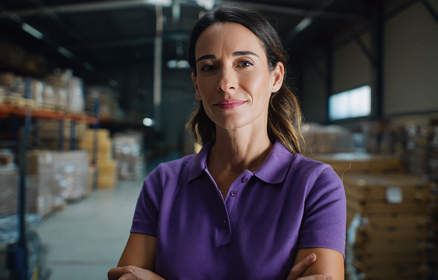 AI-generated logistics campaign photo: a dark-haired woman in a violet polo shirt stands with her arms crossed in a warehouse, with shelves and boxes out of focus behind her