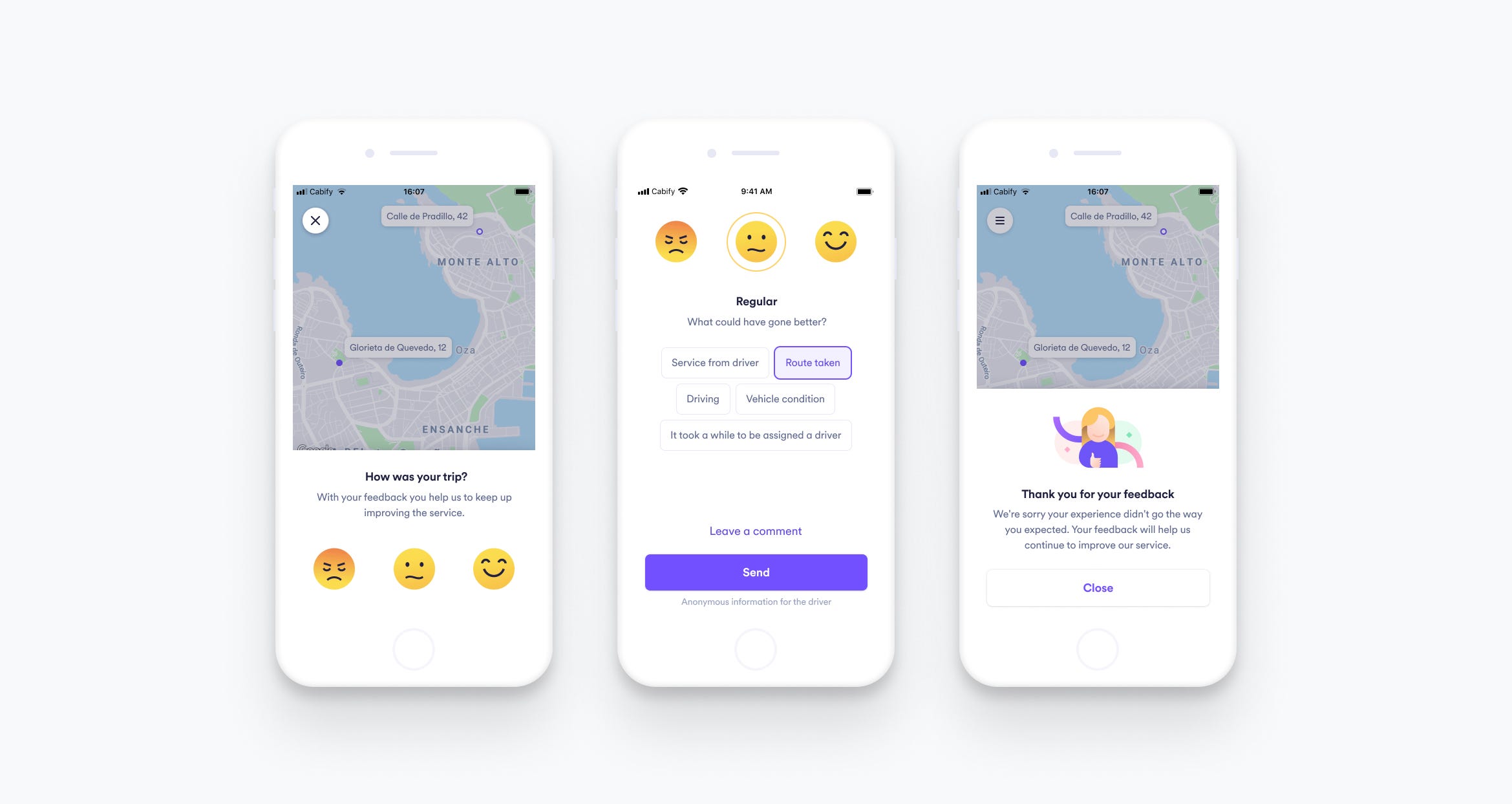 Final design of the new rating in three screens: «How was your trip?» with an angry, a neutral and a happy face; after choosing the neutral one, «What could have gone better?» with options such as Route taken, Driving and Vehicle condition, and a Send button; and a «Thank you for your feedback» screen