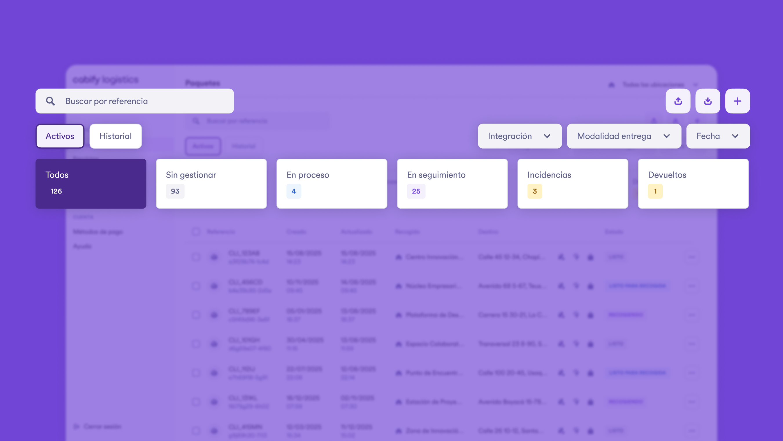 The same packages screen with everything blurred except its search and filter controls: the search box by reference, the active and history tabs, the integration, delivery type and date filters and the status counters