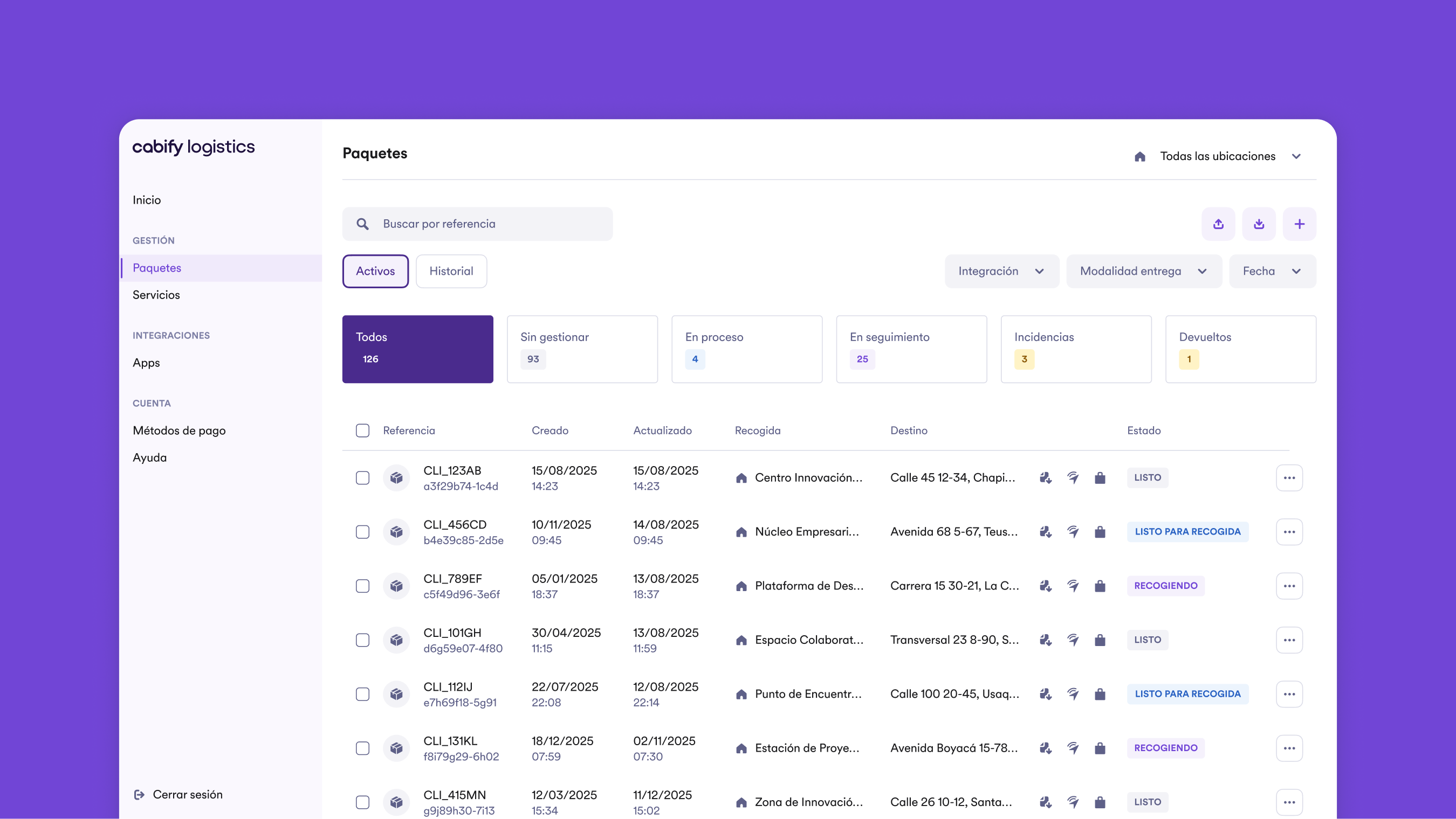The packages screen of the Cabify Logistics delivery management system: a side menu, a search box by reference, tabs for active packages and history, filters by integration, delivery type and date, status counters, all 126, 93 unmanaged, 4 in process, 25 being tracked, 3 incidents and 1 returned, and a table of packages with their reference, creation and update dates, pickup point, destination and status