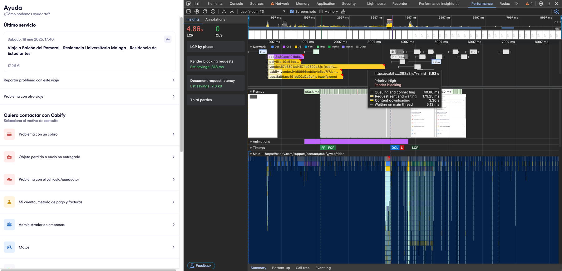 An image displaying the Chrome Dev Tools' Performance tool simulating a 4G connection before the optimization